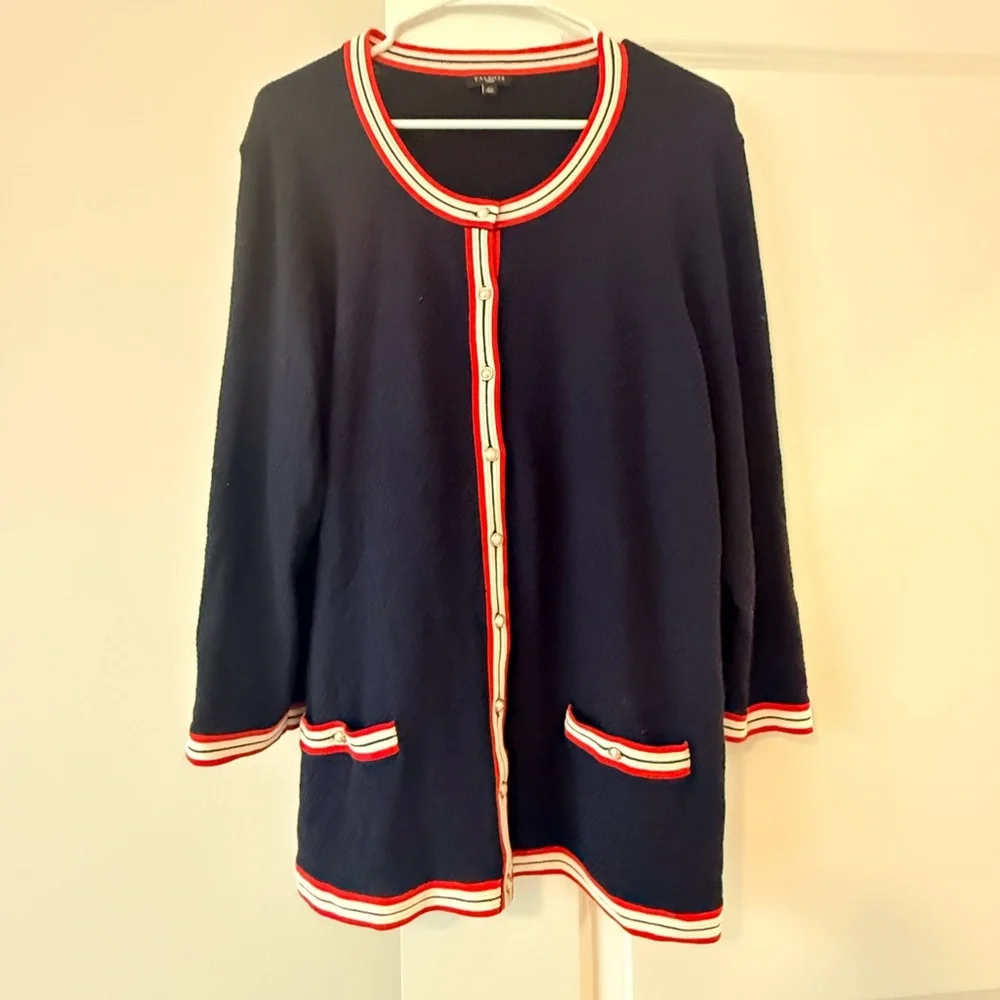 Talbots Navy Cardigan with Red and White Trim - Picture 3 of 8